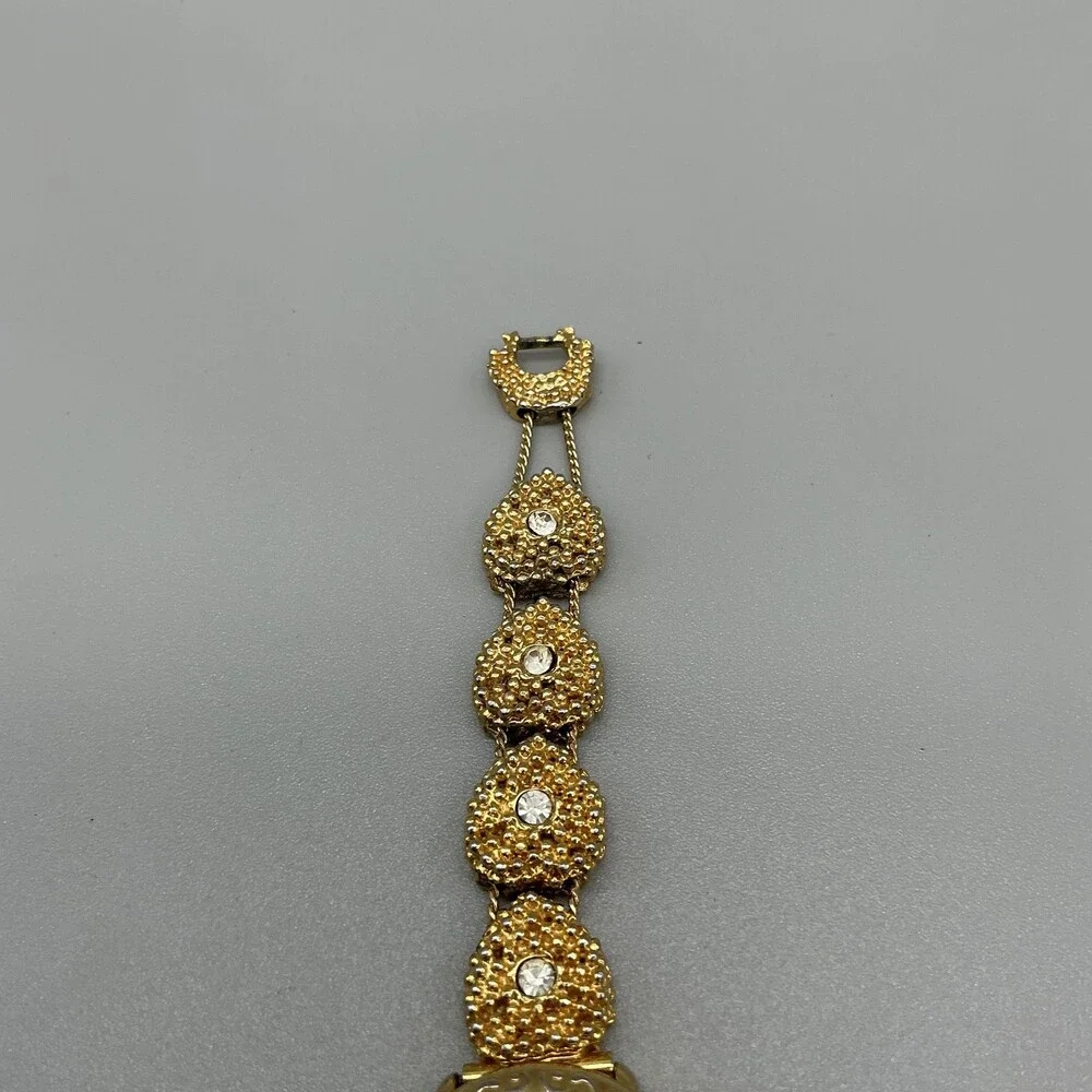Vintage Lucoral Womens Watch 26mm White Dial Gold Tone Crystals Bracelet 7.75
